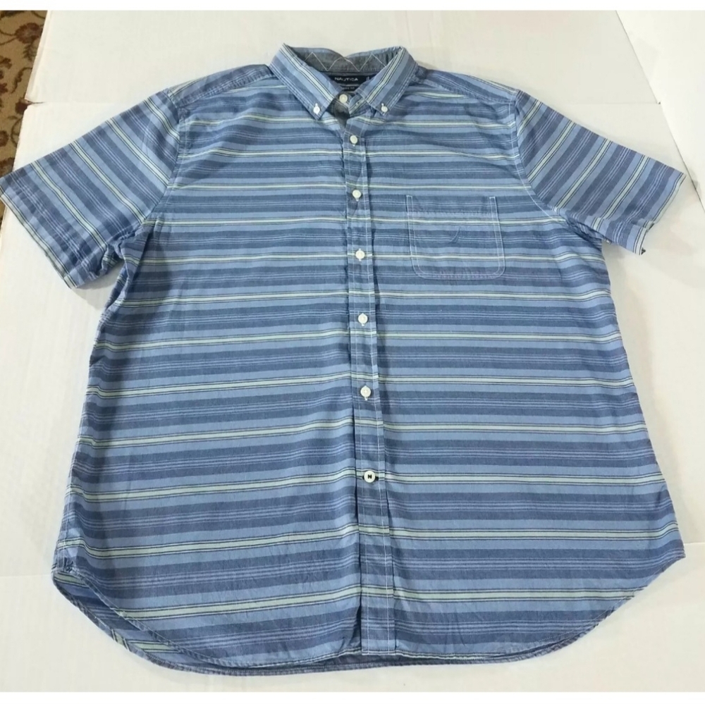 Nautica Classic SS Striped Button Down Shirt Logo Men XL